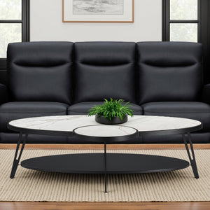 HomeRoots 53" Contemporary Oval Coffee Table with White Sintered Stone Top & Black Iron Frame for Modern Spaces 656477