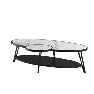HomeRoots 53" Contemporary Oval Coffee Table with White Sintered Stone Top & Black Iron Frame for Modern Spaces 656477