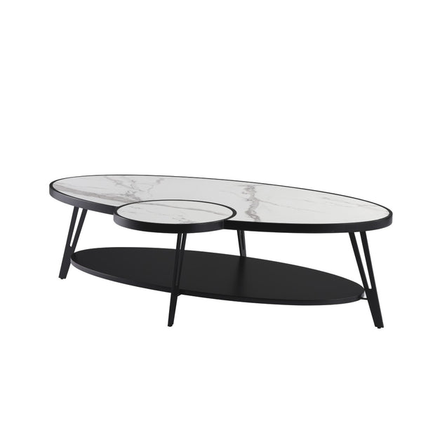 HomeRoots 53" Contemporary Oval Coffee Table with White Sintered Stone Top & Black Iron Frame for Modern Spaces 656477
