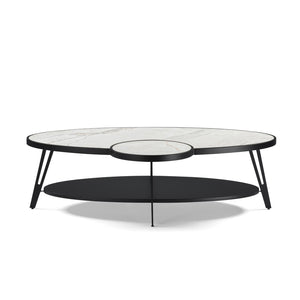 HomeRoots 53" Contemporary Oval Coffee Table with White Sintered Stone Top & Black Iron Frame for Modern Spaces 656477