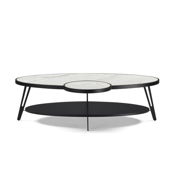 HomeRoots 53" Contemporary Oval Coffee Table with White Sintered Stone Top & Black Iron Frame for Modern Spaces 656477