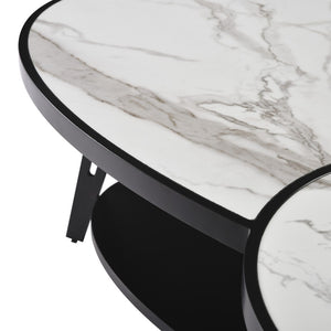 HomeRoots 53" Contemporary Oval Coffee Table with White Sintered Stone Top & Black Iron Frame for Modern Spaces 656477