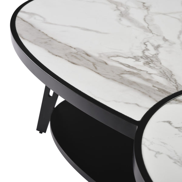 HomeRoots 53" Contemporary Oval Coffee Table with White Sintered Stone Top & Black Iron Frame for Modern Spaces 656477