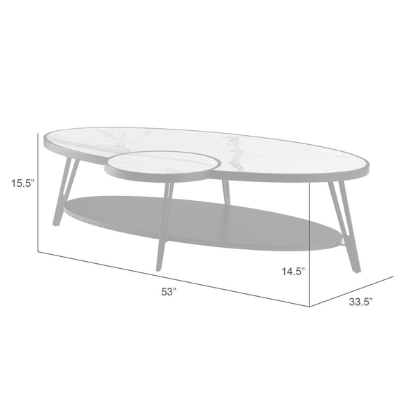 HomeRoots 53" Contemporary Oval Coffee Table with White Sintered Stone Top & Black Iron Frame for Modern Spaces 656477