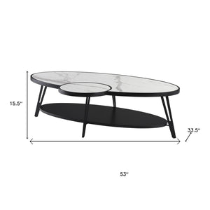 HomeRoots 53" Contemporary Oval Coffee Table with White Sintered Stone Top & Black Iron Frame for Modern Spaces 656477