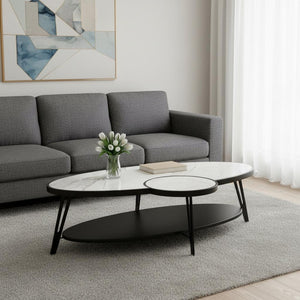 HomeRoots 53" Contemporary Oval Coffee Table with White Sintered Stone Top & Black Iron Frame for Modern Spaces 656477