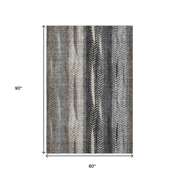 HomeRoots 5' X 8' Striped Washable Area Rug in Brown, Gray, Ivory — Durable, UV-Protected, Stylish & Easy Care 656479