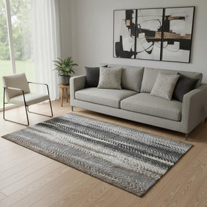 HomeRoots 5' X 8' Striped Washable Area Rug in Brown, Gray, Ivory — Durable, UV-Protected, Stylish & Easy Care 656479