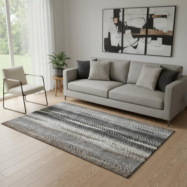 HomeRoots 5' X 8' Striped Washable Area Rug in Brown, Gray, Ivory — Durable, UV-Protected, Stylish & Easy Care 656479