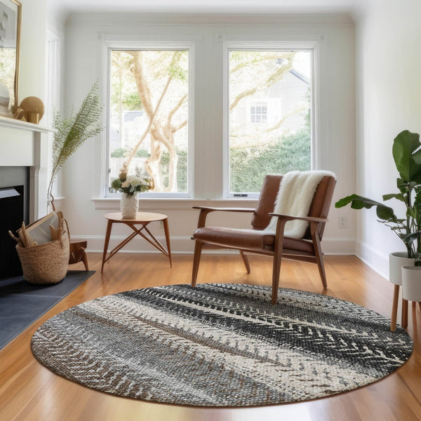 HomeRoots 8' Brown Gray And Ivory Striped Washable Round Rug – Durable, UV-Protected, Easy-Clean for High Traffic Areas 656480
