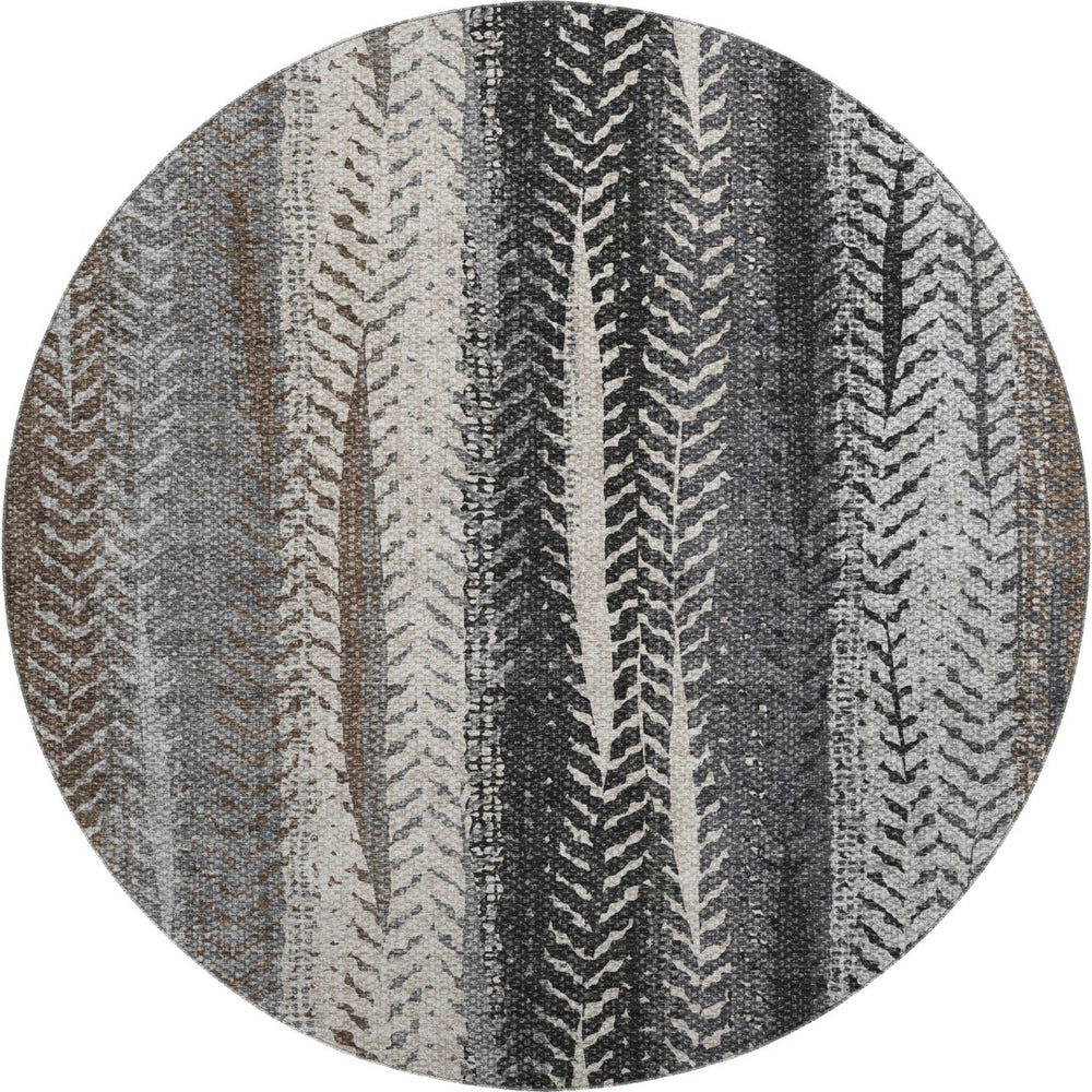 HomeRoots 8' Brown Gray And Ivory Striped Washable Round Rug – Durable, UV-Protected, Easy-Clean for High Traffic Areas 656480