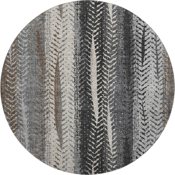 HomeRoots 8' Brown Gray And Ivory Striped Washable Round Rug – Durable, UV-Protected, Easy-Clean for High Traffic Areas 656480