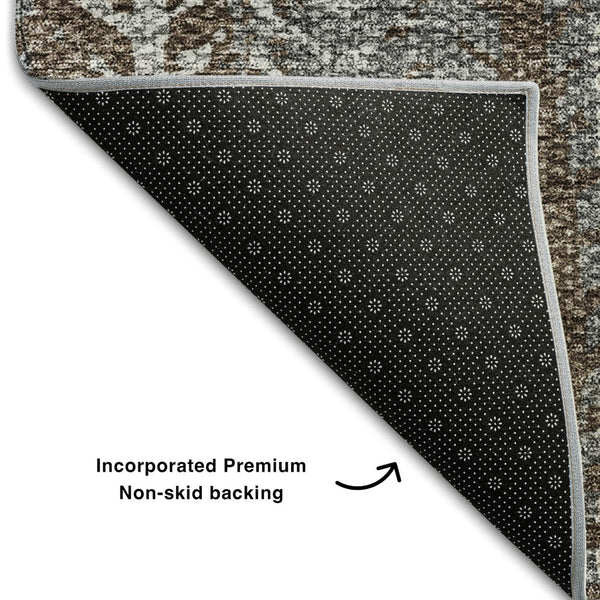 HomeRoots 8' Brown Gray And Ivory Striped Washable Round Rug – Durable, UV-Protected, Easy-Clean for High Traffic Areas 656480
