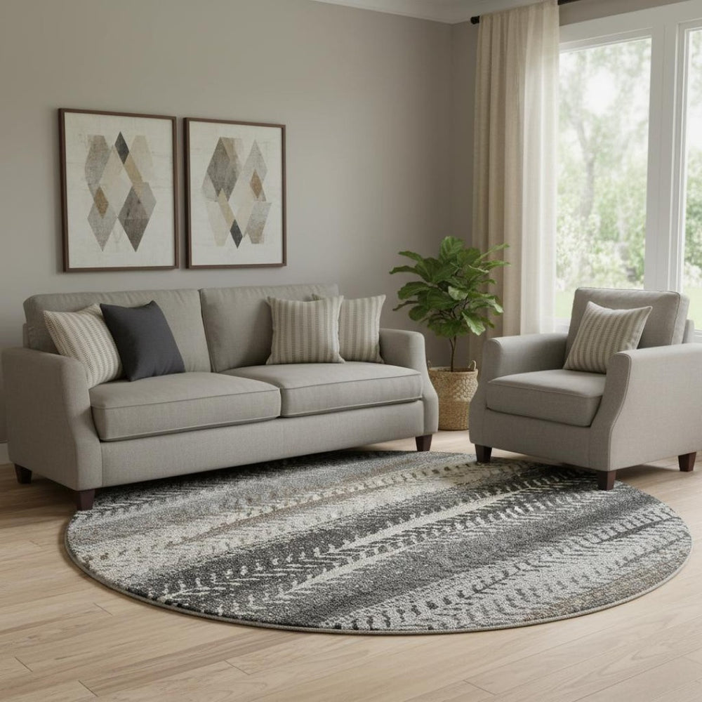 HomeRoots 8' Brown Gray And Ivory Striped Washable Round Rug – Durable, UV-Protected, Easy-Clean for High Traffic Areas 656480