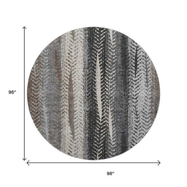 HomeRoots 8' Brown Gray And Ivory Striped Washable Round Rug – Durable, UV-Protected, Easy-Clean for High Traffic Areas 656480