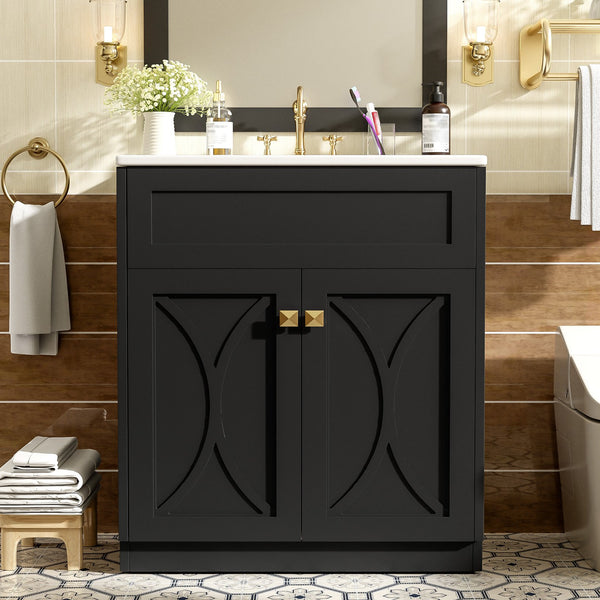 English Elm 30'' Modern Bathroom Vanity With Ceramic Sink, Soft-Close Doors, Gold Handles & Ample Storage Space N710P194898B