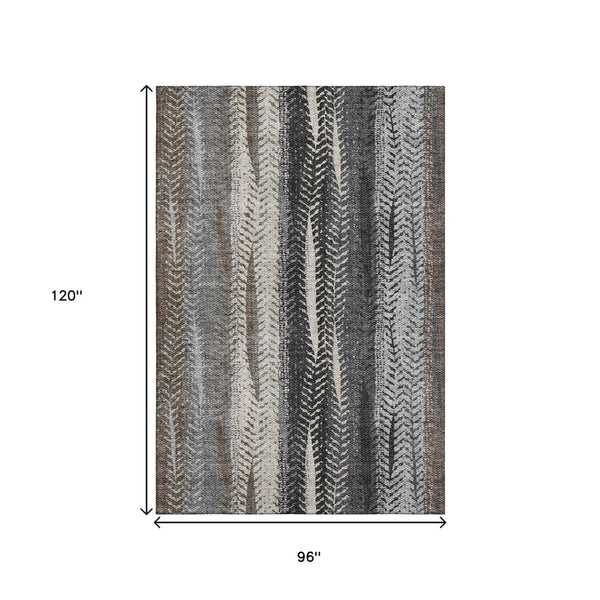 HomeRoots 8' X 10' Washable Area Rug in Brown, Gray, and Ivory Stripes - Durable, Stain-Resistant & UV Protected! 656481