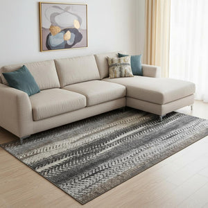 HomeRoots 9' X 12' Striped Area Rug in Brown, Gray, and Ivory - Washable, UV-Protected for High-Traffic Areas 656482
