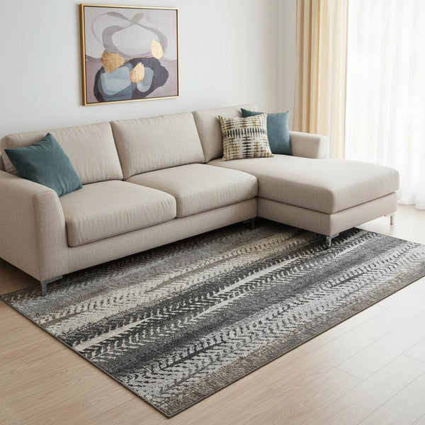 HomeRoots 9' X 12' Striped Area Rug in Brown, Gray, and Ivory - Washable, UV-Protected for High-Traffic Areas 656482