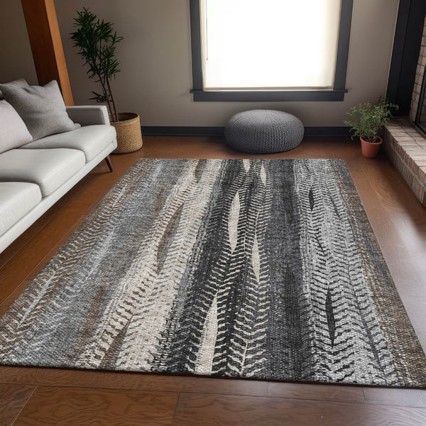 HomeRoots 10' Striped Washable Area Rug in Brown, Gray & Ivory – Durable, UV-Protected, Pet-Friendly Design! 656483