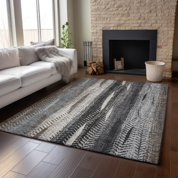 HomeRoots 10' Striped Washable Area Rug in Brown, Gray & Ivory – Durable, UV-Protected, Pet-Friendly Design! 656483