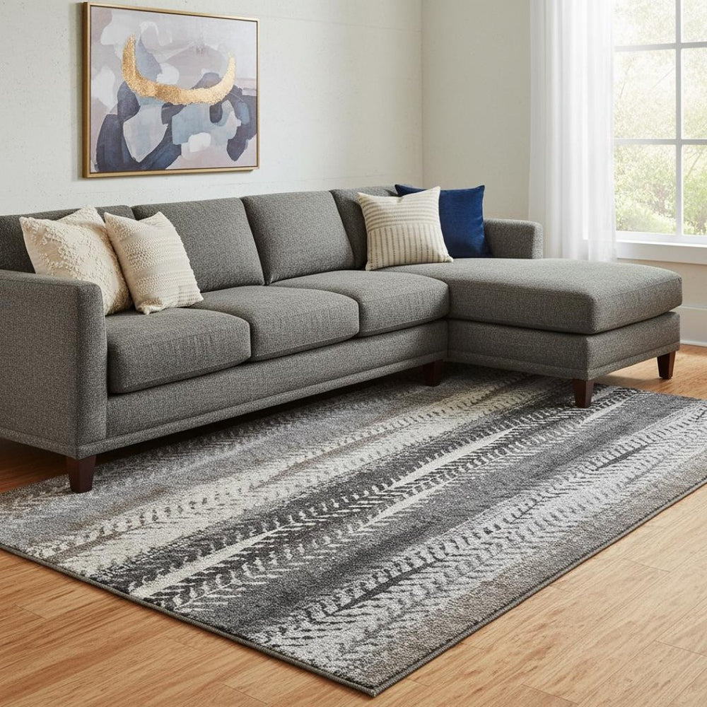 HomeRoots 10' Striped Washable Area Rug in Brown, Gray & Ivory – Durable, UV-Protected, Pet-Friendly Design! 656483