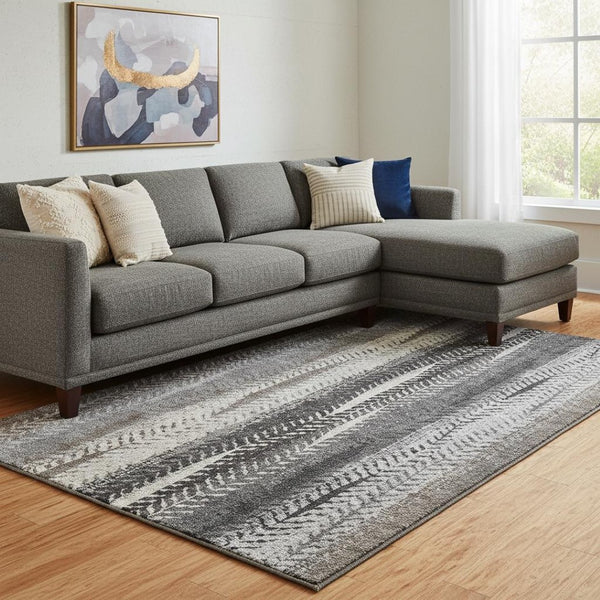 HomeRoots 10' Striped Washable Area Rug in Brown, Gray & Ivory – Durable, UV-Protected, Pet-Friendly Design! 656483