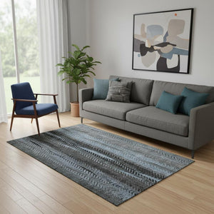 HomeRoots 5' X 8' Blue and Gray Striped Area Rug – Stain Resistant, UV Protected, Washable for Easy Care 656485
