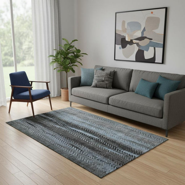 HomeRoots 5' X 8' Blue and Gray Striped Area Rug – Stain Resistant, UV Protected, Washable for Easy Care 656485
