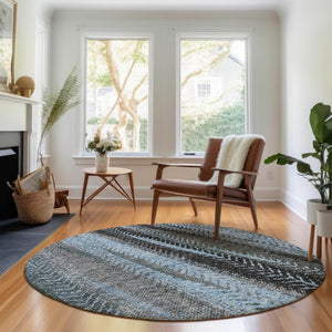 HomeRoots 8' Stylish Blue & Gray Striped Washable Round Rug with UV Protection for Homes with Kids & Pets 656486