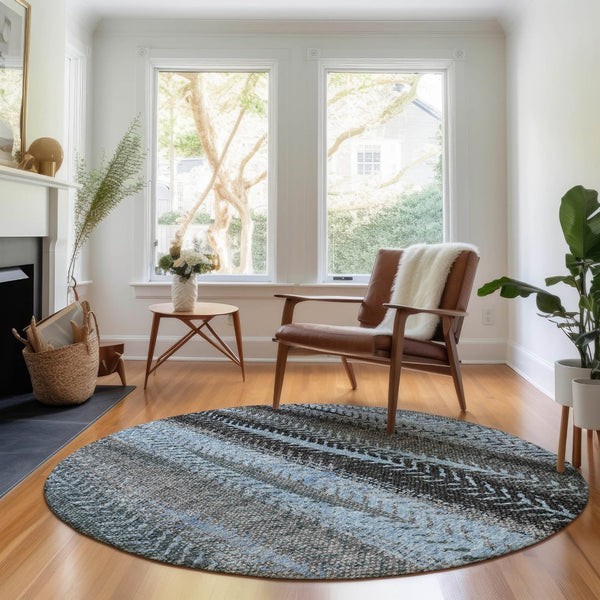 HomeRoots 8' Stylish Blue & Gray Striped Washable Round Rug with UV Protection for Homes with Kids & Pets 656486