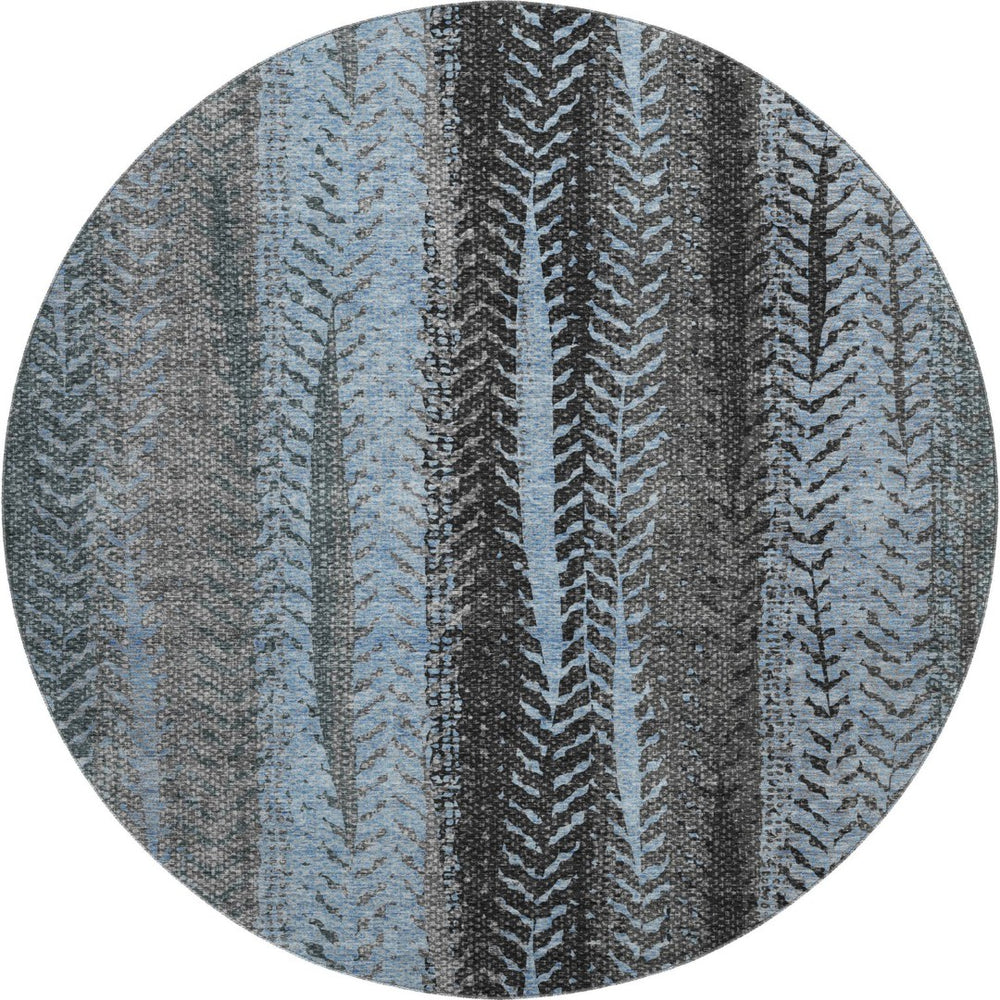 HomeRoots 8' Stylish Blue & Gray Striped Washable Round Rug with UV Protection for Homes with Kids & Pets 656486