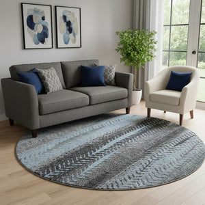 HomeRoots 8' Stylish Blue & Gray Striped Washable Round Rug with UV Protection for Homes with Kids & Pets 656486