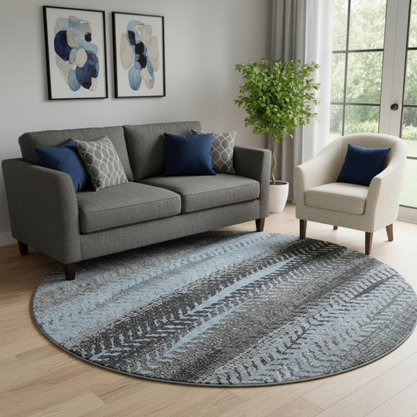 HomeRoots 8' Stylish Blue & Gray Striped Washable Round Rug with UV Protection for Homes with Kids & Pets 656486