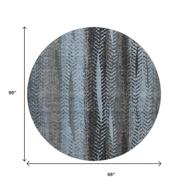 HomeRoots 8' Stylish Blue & Gray Striped Washable Round Rug with UV Protection for Homes with Kids & Pets 656486