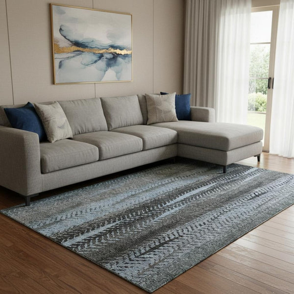 HomeRoots 8' X 10' Stylish Blue and Gray Striped Area Rug – Washable, UV-Protected, Durable for High Traffic Spaces 656487