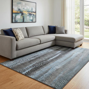 HomeRoots 9' X 12' Blue and Gray Striped Area Rug - Washable, UV Protected, Ideal for High-Traffic Spaces 656488