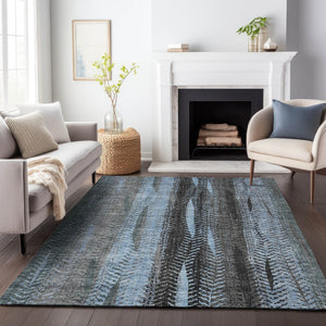 HomeRoots 9' X 12' Blue and Gray Striped Area Rug - Washable, UV Protected, Ideal for High-Traffic Spaces 656488