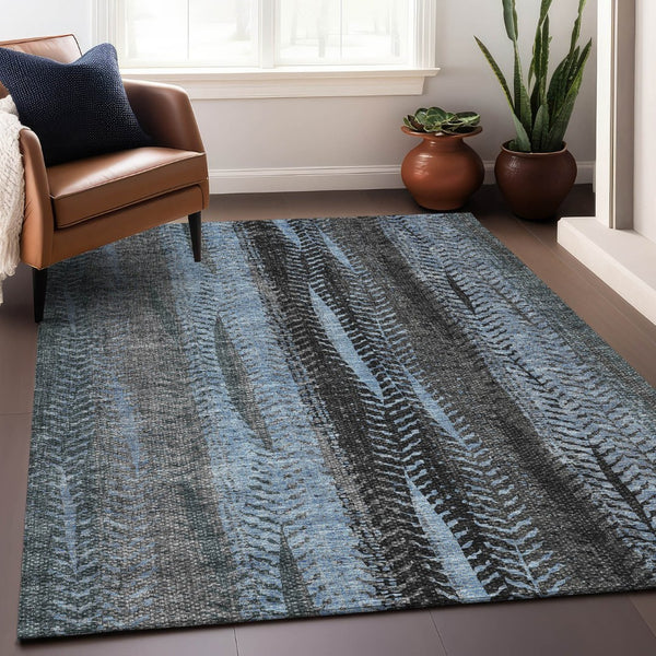 HomeRoots 9' X 12' Blue and Gray Striped Area Rug - Washable, UV Protected, Ideal for High-Traffic Spaces 656488