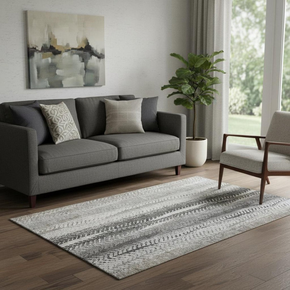 HomeRoots 5' X 8' Khaki, Ivory & Gray Striped Washable Area Rug with UV Protection for Stylish Living Spaces 656491