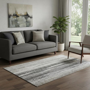 HomeRoots 5' X 8' Khaki, Ivory & Gray Striped Washable Area Rug with UV Protection for Stylish Living Spaces 656491