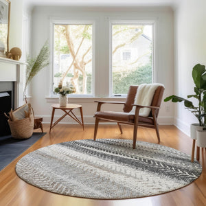 HomeRoots 8' Washable Round Rug in Khaki, Ivory & Gray Stripes - UV Protected, Stain-Resistant, Durable Design 656492