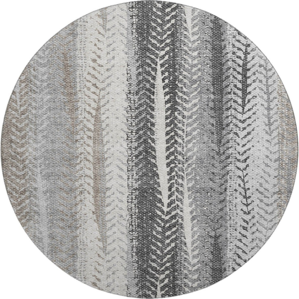 HomeRoots 8' Washable Round Rug in Khaki, Ivory & Gray Stripes - UV Protected, Stain-Resistant, Durable Design 656492