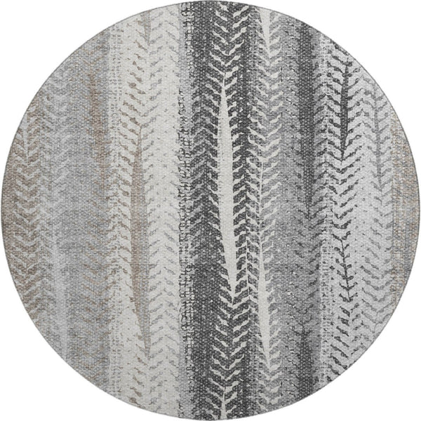 HomeRoots 8' Washable Round Rug in Khaki, Ivory & Gray Stripes - UV Protected, Stain-Resistant, Durable Design 656492