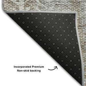 HomeRoots 8' Washable Round Rug in Khaki, Ivory & Gray Stripes - UV Protected, Stain-Resistant, Durable Design 656492