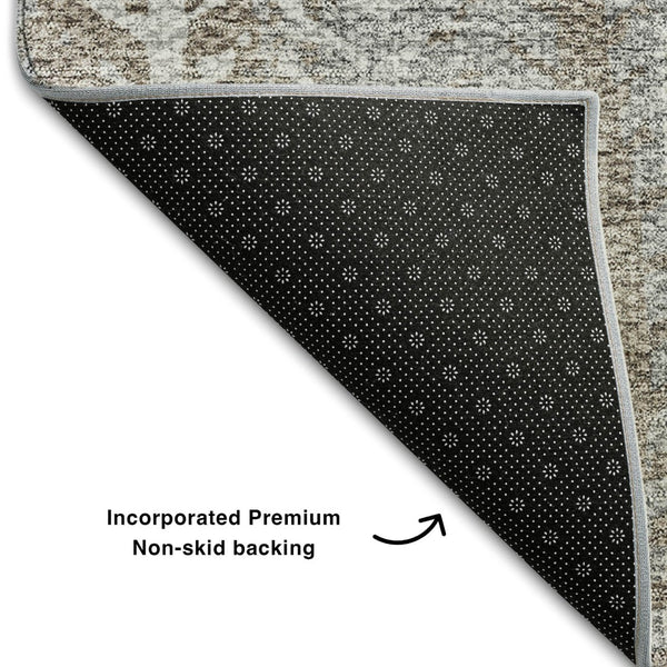 HomeRoots 8' Washable Round Rug in Khaki, Ivory & Gray Stripes - UV Protected, Stain-Resistant, Durable Design 656492