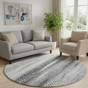 HomeRoots 8' Washable Round Rug in Khaki, Ivory & Gray Stripes - UV Protected, Stain-Resistant, Durable Design 656492