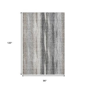 HomeRoots 8' X 10' Stylish Khaki Ivory Gray Striped Washable Area Rug with UV Protection & Stain Resistance 656493