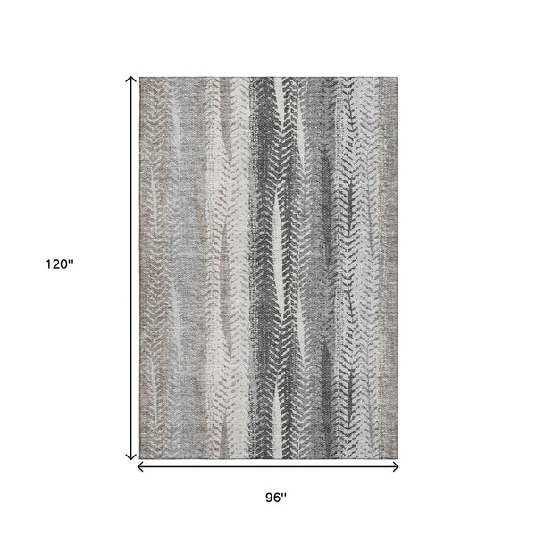 HomeRoots 8' X 10' Stylish Khaki Ivory Gray Striped Washable Area Rug with UV Protection & Stain Resistance 656493