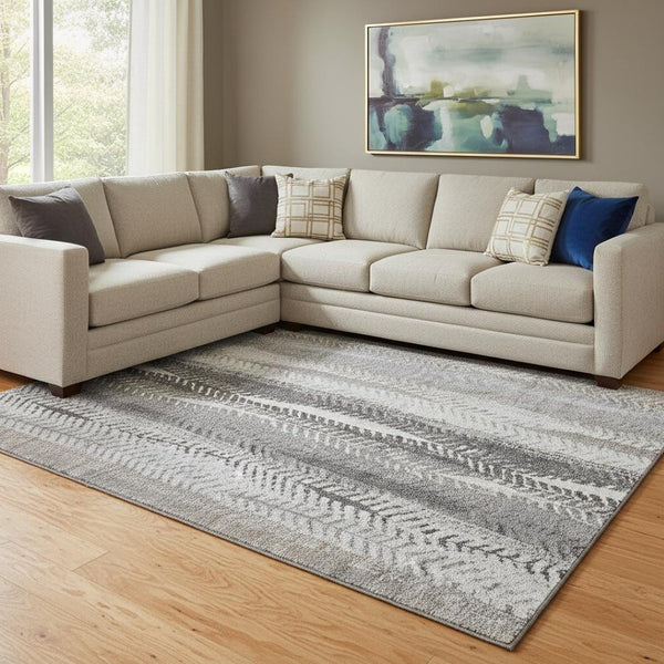 HomeRoots 8' X 10' Stylish Khaki Ivory Gray Striped Washable Area Rug with UV Protection & Stain Resistance 656493